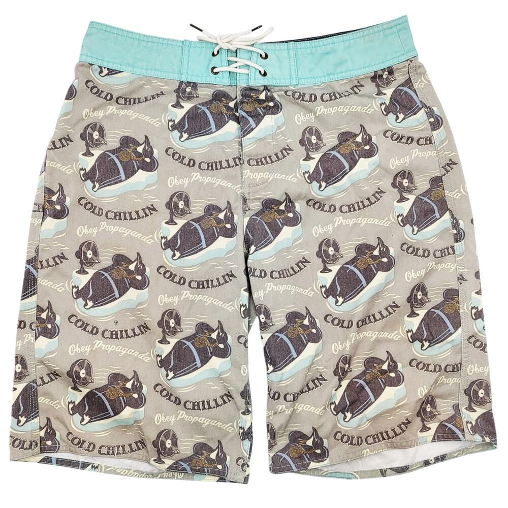 OBEY Tan & Blue Penguin Cold Chillin Print Board Shorts Swim Trunks Men's 30/SM